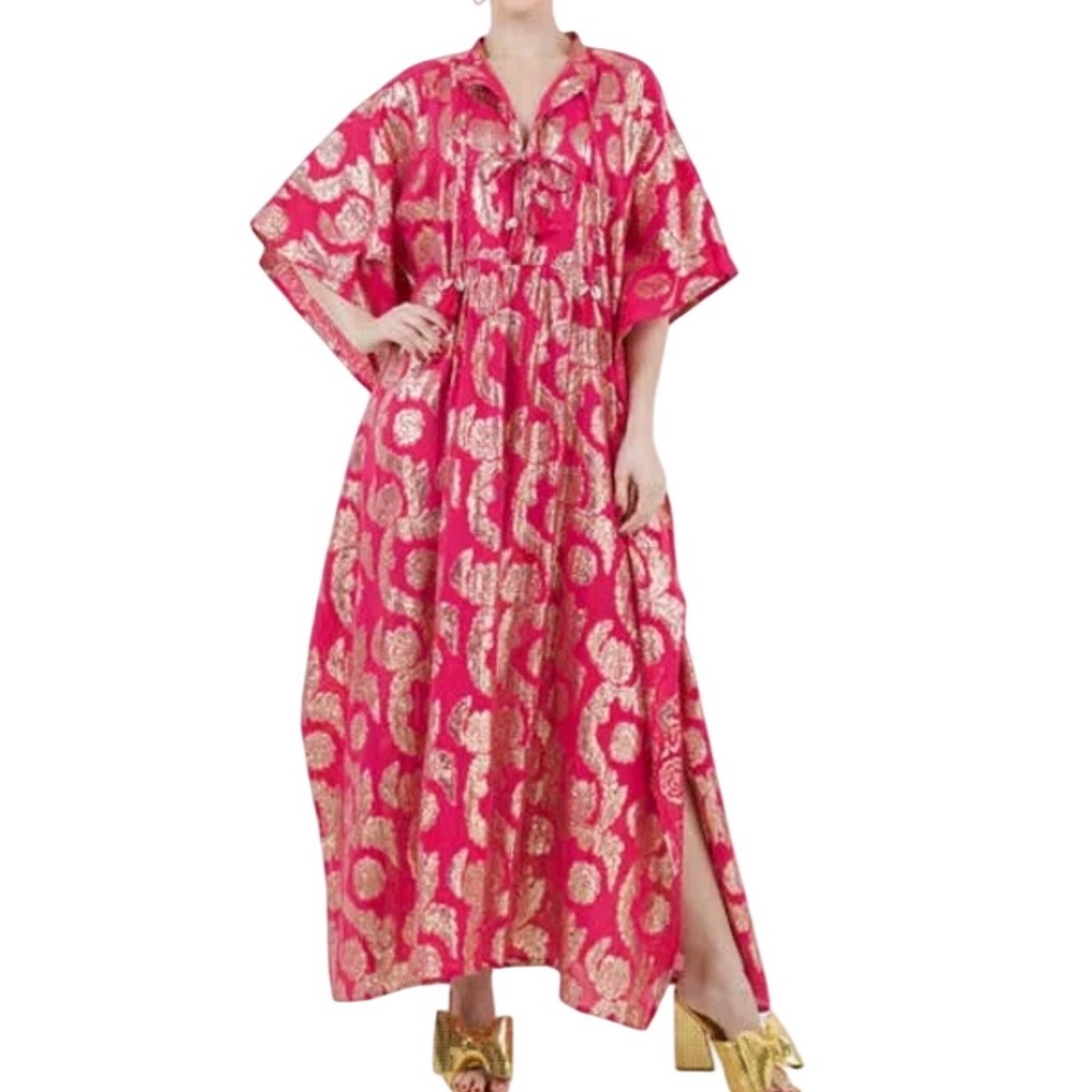 Meghan Fabulous Palm Springs Caftan Maxi Dress Pomegranate Gold S/M FAB8033 NWT